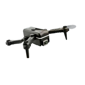 Foldable black 4K dual camera quadcopter drone with remote controller on a white background