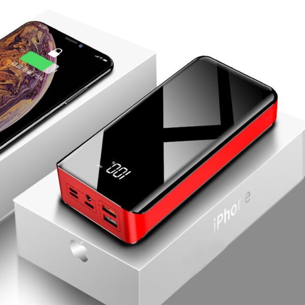 High-capacity 30000mAh power bank with multiple charging ports.