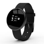 Black smart bracelet fitness tracker with heart rate monitoring, step counter, and smart notifications