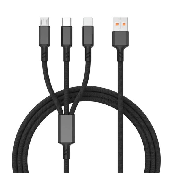 Durable nylon braided cell phone charging cable with reinforced metallic connectors on a white background