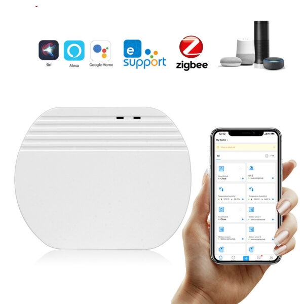 Compact smart home wireless gateway hub on a table.