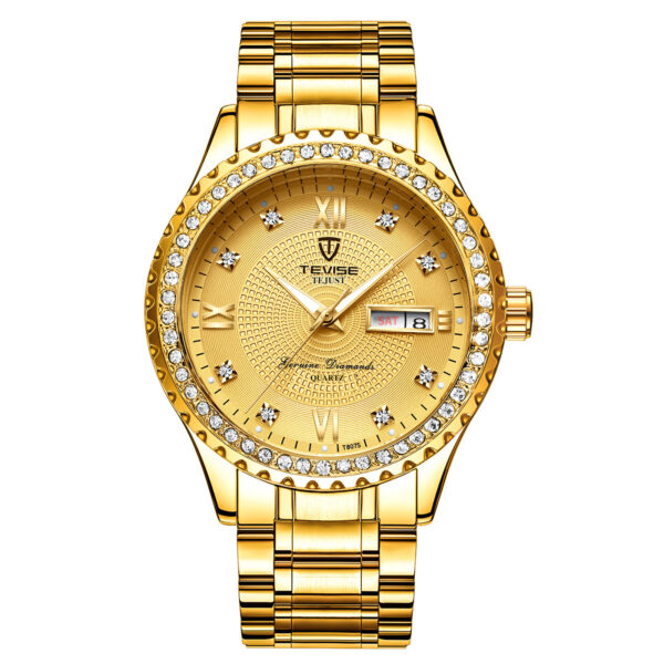 Minimalist gold watch with diamond hour markers.