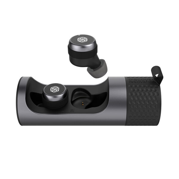 Wireless earbuds inside a sleek charging case.