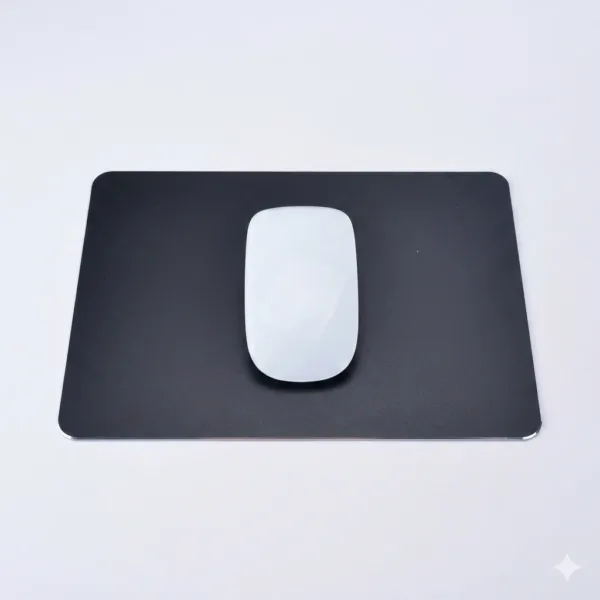 Minimalist aluminum alloy mouse pad on a desk setup.