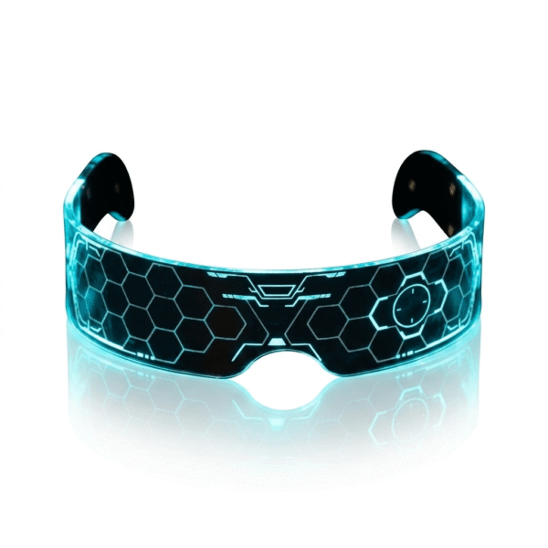 Futuristic transparent cyberpunk luminous glasses glowing with colorful LED lights on a white background