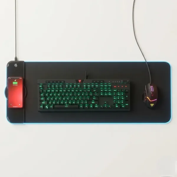 Gaming mouse pad with RGB light borders and wireless charging.