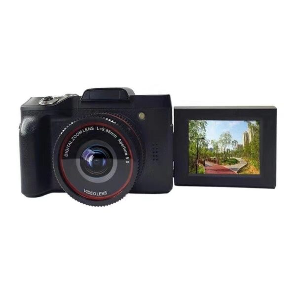 Professional black DSLR digital camera with zoom lens