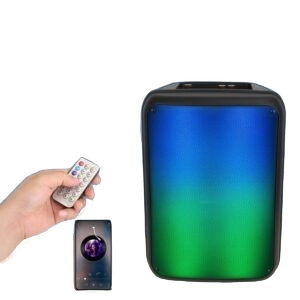 Portable wireless party speaker with RGB lights and loud outdoor bass audio
