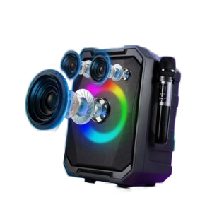 Portable wireless party speaker featuring vibrant, multi-color LED lights.