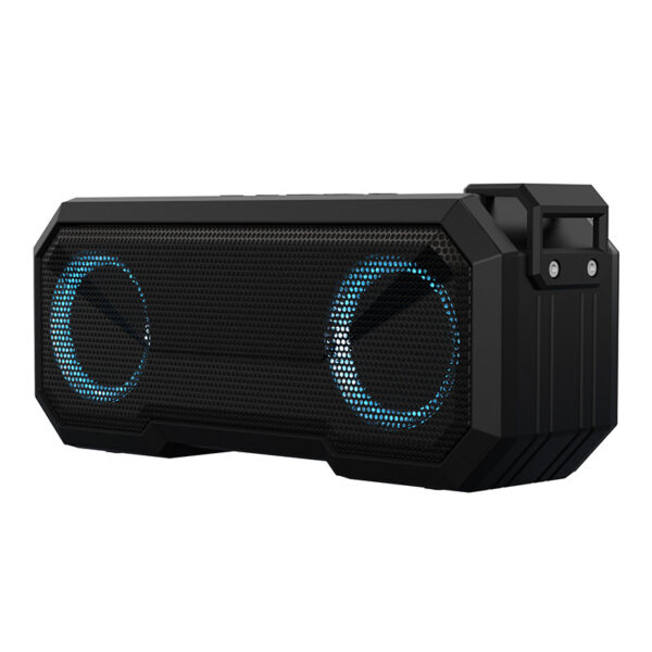 Portable dual-speaker setup with built-in power bank functionality.