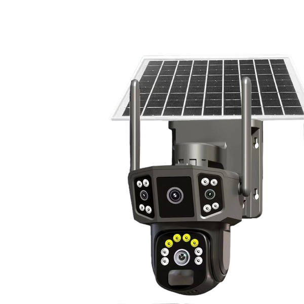 Solar-powered outdoor security camera mounted on a wall.