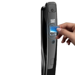 Modern smart door lock with 3D facial recognition and fingerprint scanner.
