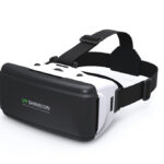 Immersive virtual reality gaming headset connected to a console system.