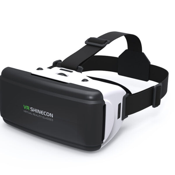 Immersive virtual reality gaming headset connected to a console system.