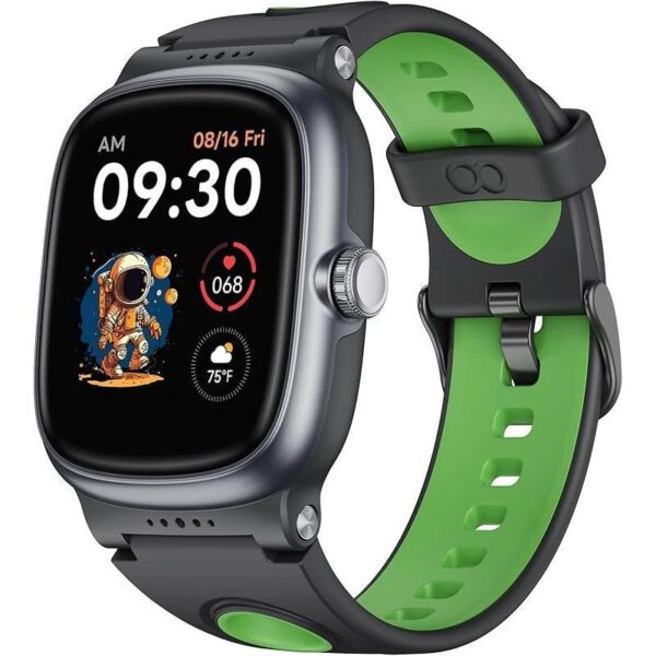 Colorful childrens smart watch being unboxed from its premium gift packaging on a white background