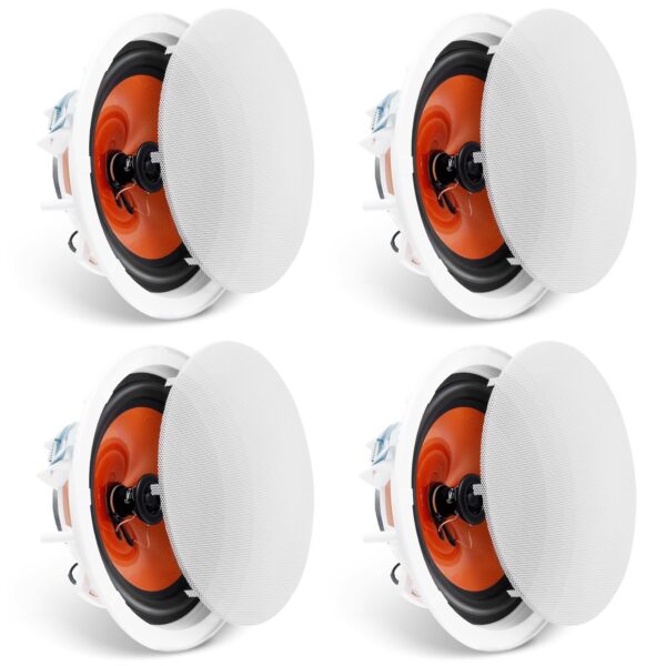 Pair of white 100W flush mount in ceiling speakers on a white background
