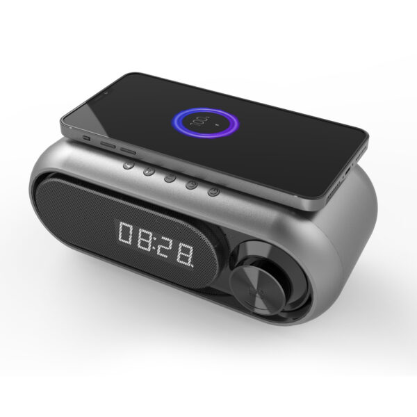 Bedside wireless charging audio speaker with Bluetooth connectivity and fast phone charging