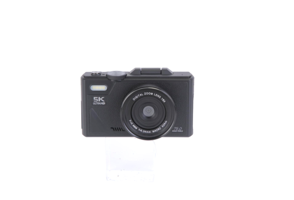 Front view of a compact black 5K 75MP digital camera with premium lens on a white background